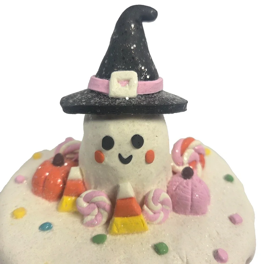 Pink Ghost Halloween Cake Figurine Witch Hat Candy Pumpkin Spider Shelf Decor